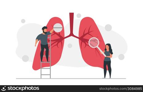 Man with pill and woman with magnifier treat lungs of people vector illustration
