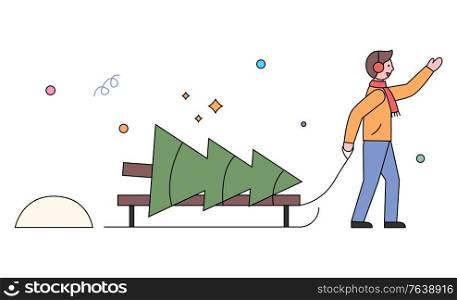 Man with pine tree outdoors vector, xmas preparation of tradition decoration for home. Snowy weather outdoors with snowy hills. Personage with spruce laying on wooden bench flat style illustration. Man Bought Pine Tree on Christmas Holidays Vector