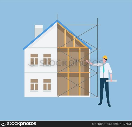 Man with plan vector, engineer with scheme main architect managing process of building of construction. Clever male wearing protective helmet isolated. Building Manager with Plan Scheme for Construction