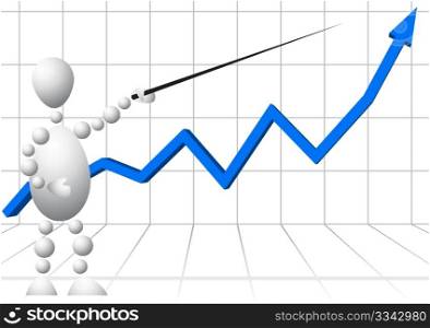 Man with pointer as top-analyst on blue graph backdrop. Abstract 3d-human series from balls. Variant of white isolated on white background. A fully editable vector illustration for your design.