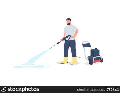 Man with power wash gun flat color vector faceless character. Washing sidewalk. Professional cleaner. Outdoor spring cleaning isolated cartoon illustration for web graphic design and animation. Man with power wash gun flat color vector faceless character