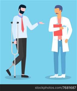 Man with prosthesis instead of leg talking with doctor. Patient with crutches ask advice in physician. Disabled man have meeting with rehabilitologist. Handicapped man talking with medical specialist. Man with prosthesis instead of leg talk with doctor, patient with crutches ask advice in physician
