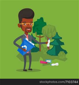 Man with recycling bin in hand picking up used plastic bottles. An african-american man collecting garbage in recycle bin. Waste recycling concept. Vector flat design illustration. Square layout.. Man collecting garbage in forest.