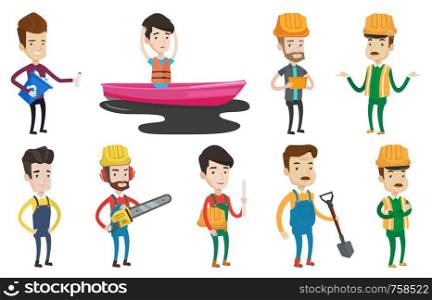 Man with recycling bin in hand picking up used plastic bottles. Man collecting garbage in recycle bin. Waste recycling concept. Set of vector flat design illustrations isolated on white background.. Vector set of characters on ecology issues.