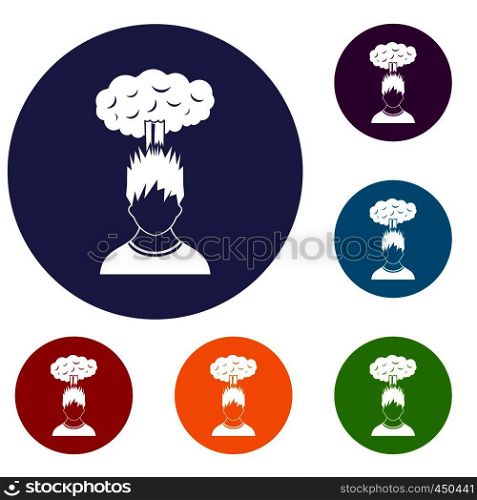 Man with red cloud over head icons set in flat circle reb, blue and green color for web. Man with red cloud over head icons set