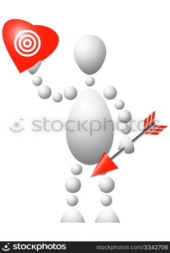 Man with red heart and arrow. Abstract 3d-human series from balls. Variant of white isolated on white background. A fully editable vector illustration for your design.