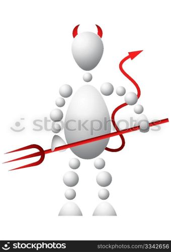 Man with red horns, tail and pitchfork as devil. Abstract 3d-human series from balls. Variant of white isolated on white background. A fully editable vector illustration for your design.