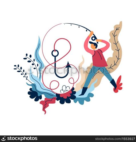 Man with rod and hook fishing sport or hobby fisherman vector male character fishery equipment or item catching fish fisher and spinning with long line recreation and summer outdoor activity.. Fishing sport or hobby man with rod and hook fisherman