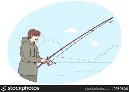 Man with rod fishing in nature landscape. Smiling fisherman in outerwear enjoy fishing hobby outdoors. Vector illustration.. Smiling man with fishing rod outdoors