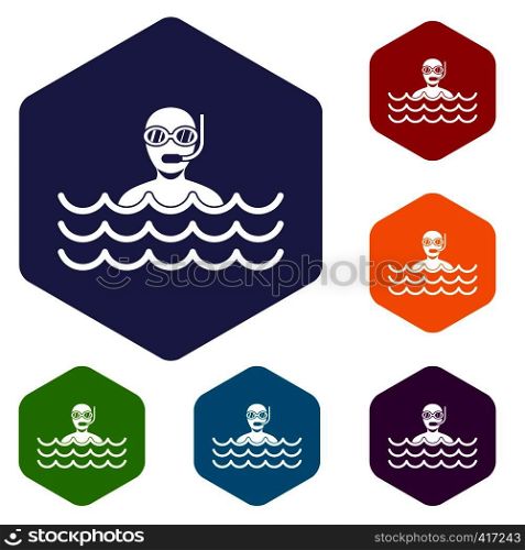 Man with scuba icons set rhombus in different colors isolated on white background. Man with scuba icons set