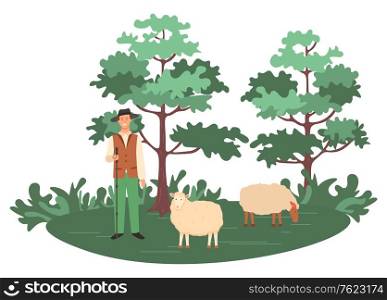 Man with sheep vector, person farming in forest caring for animals. Herd with shepherd looking after lambs. Trees and greenery of natural environment. Flat cartoon. Sheep Farming Man, Shepherd with Herd on Nature