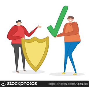 Man with shield and other man holding check mark, hand-drawn vector illustration. Color outlines and colored.