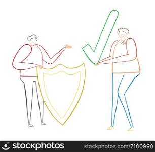 Man with shield and other man holding check mark, hand-drawn vector illustration. Color outlines and white background.