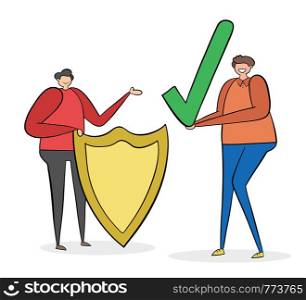 Man with shield and other man holding check mark, hand-drawn vector illustration. Black outlines and colored.