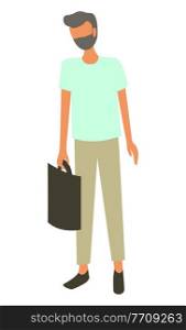 Man with shopping bag isolated person at marketplace. Vector bearded guy with package for parcels, cartoon style person in shirt and trousers with pack. Man with Shopping Bag Isolated Person at Market