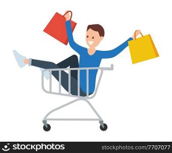 Man with shopping bags in his hands is smiling. Young handsome fashion shopper guy is rolling in the shopping cart. Sale advertising concept. Male character with packages is going to the store. Man with bags for purchases in his hands. Young fashion shopper guy is rolling in the shopping cart