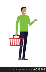 Man with Shopping Basket. Man with empty shopping basket. Smiling man in green t-shirt and blue pants. Man daily shopping, supermarket shopping, customer in mall, retail store illustration in flat