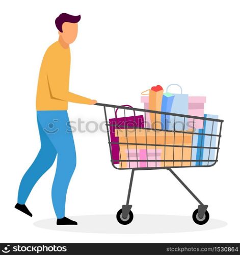 Man with shopping cart flat vector illustration. Cartoon boy buying gifts. Husband purchasing Christmas, New Year present isolated character. Sales, discounts in boutique. Male buyer doing purchases