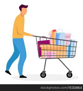 Man with shopping cart flat vector illustration. Cartoon boy buying gifts. Husband purchasing Christmas, New Year present isolated character. Sales, discounts in boutique. Male buyer doing purchases