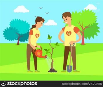 Man with shovel digging ground and woman with watering can waters plant at spring time. Vector volunteers planting tree, saving nature and environment concept. Man with Shovel Digging, Woman with Watering Can