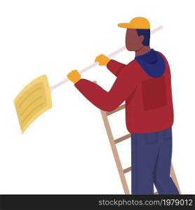 Man with shovel on ladder semi flat color vector character. Posing figure. Full body person on white. Winter season isolated modern cartoon style illustration for graphic design and animation. Man with shovel on ladder semi flat color vector character