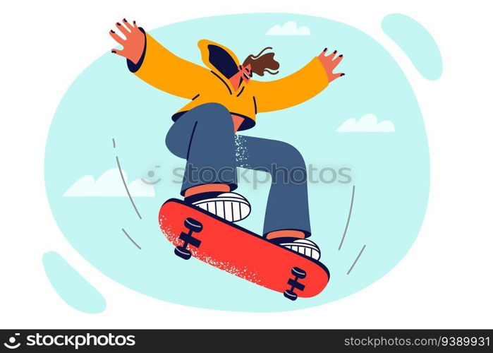 Man with skateboard jumps up doing trick on sports ground, enjoys adrenaline rush from riding board. Energetic guy with skateboard, for concept of active lifestyle and hobby for teenagers. Man with skateboard jumps up doing trick on sports ground, enjoys adrenaline rush from riding board