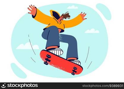 Man with skateboard jumps up doing trick on sports ground, enjoys adrenaline rush from riding board. Energetic guy with skateboard, for concept of active lifestyle and hobby for teenagers. Man with skateboard jumps up doing trick on sports ground, enjoys adrenaline rush from riding board