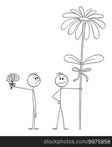 Man with small valentine bouquet is looking at big flower of another man or lover, vector cartoon stick figure or character illustration.. Man With Small Valentine Bouquet Is looking at Big Flower of Another Man or Lover, Vector Cartoon Stick Figure Illustration