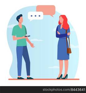 Man with smartphone and woman talking outside. Conversation, speech bubble, asking destination flat vector illustration. Communication concept for banner, website design or landing web page