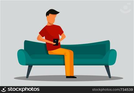 Man with smartphone at sofa banner horizontal. Flat illustration of vector man with smartphone at sofa banner horizontal for web design. Man with smartphone at sofa banner horizontal, flat style