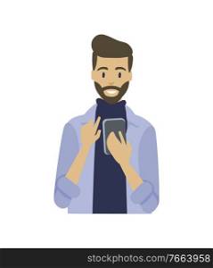 Man with smartphone in hands typing message and smile isolated cartoon character. Vector bearded guy with phone chatting in telephone, cartoon style character. Man with Smartphone in Hands Typing Message, Smile