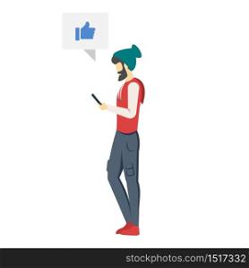 Man with smartphone semi flat RGB color vector illustration. Person leaving positive review. Guy surfing Internet, chatting. Quality evaluation. Isolated cartoon character on white background