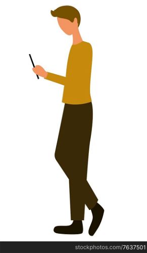 Man with smartphone, side view. Guy chatting or messaging with new phone device, student or pupil side view. Person at marketplace isolated. Vector illustration in flat cartoon style. Man with Smartphone, Side View Vector Guy Chatting