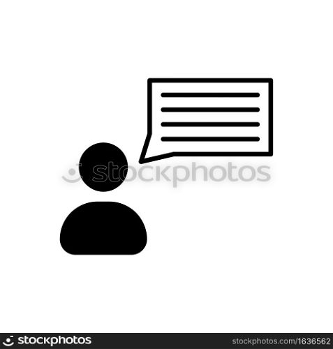Man with speech bubble. Rectangle chat sign. Human silhouette. Black shape. Flat style. Vector illustration. Stock image. EPS 10.. Man with speech bubble. Rectangle chat sign. Human silhouette. Black shape. Flat style. Vector illustration. Stock image.