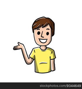 Man with Spread hands. Smiling young boy in shirt. Doubt and timidity. Hand drawn sketch cartoon. Uncertainty and shrugging. Funny illustration. Man with Spread hands. Smiling young boy