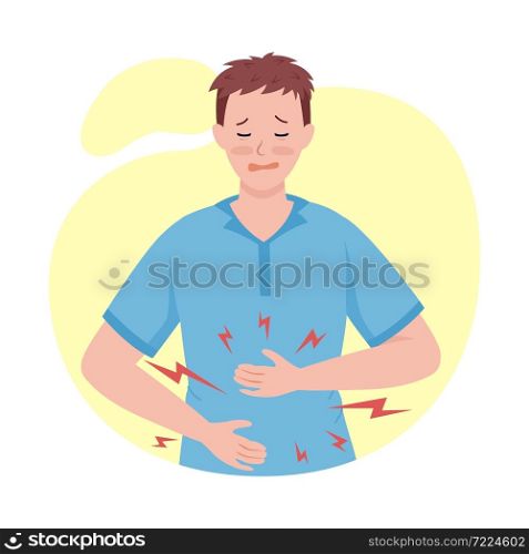 Man with stomachache semi flat color vector character. Posing figure. Full body person on white. Post covid syndrome isolated modern cartoon style illustration for graphic design and animation. Man with stomachache semi flat color vector character