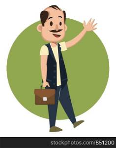 Man with suitcase waving, illustration, vector on white background.