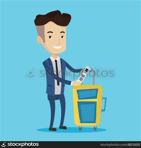 Man with suitcase with travel insurance tag. Business class passenger standing near suitcase with priority luggage tag. Businessman showing luggage tag. Vector flat design illustration. Square layout.. Caucasian businessman showing luggage tag.