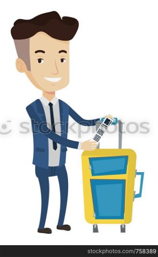 Man with suitcase with travel insurance tag. Businessman standing near suitcase with priority luggage tag. Businessman showing luggage tag. Vector flat design illustration isolated on white background. Caucasian businessman showing luggage tag.