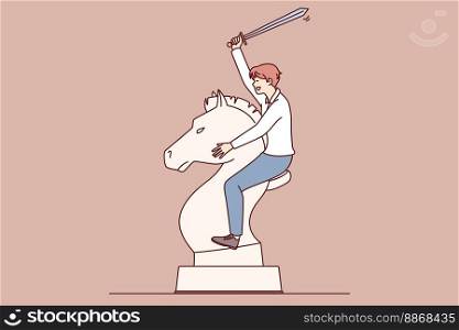 Man with sword astride huge horse chess piece symbolizes determination and readiness for bold action. Business concept of competition between corporation managers. Flat vector illustration. Man with sword astride huge horse chess piece symbolizes determination. Vector image