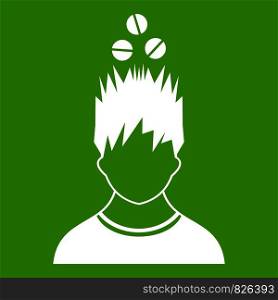 Man with tablets over head icon white isolated on green background. Vector illustration. Man with tablets over head icon green