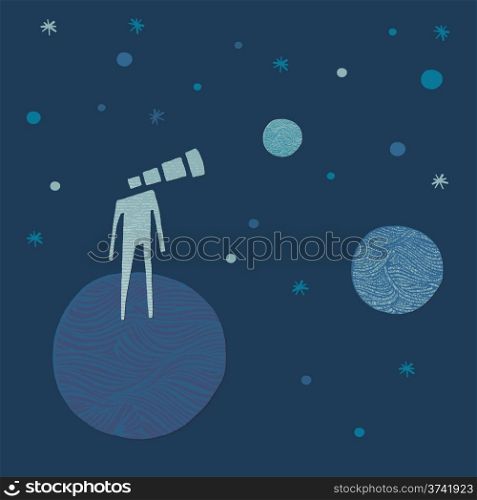 Man with telescope head watching the planets and the stars. Hand-drawn illustration. Background and illustration elements in separate layers. Hi res JPEG included.