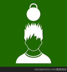 Man with the weight over head icon white isolated on green background. Vector illustration. Man with the weight over head icon green