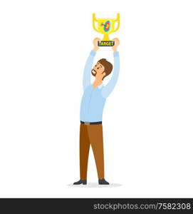 Man with trophy decorated with darts icon and target. Flat portrait view of smiling person in casual clothes, winner holding award over head vector. Smiling Winner Holding Award over Head Vector