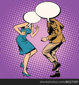 Man woman bubble dancers pop art retro vector. Comic bubbles instead of head. Dance and leisure. Man woman bubble dancers