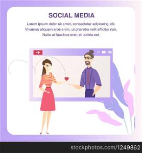 Man Woman Character Online Dating Tablet Banner. Social Media Network. Red Heart Symbol Icon. Happy Teen Digital Love Chat Concept for Website or Web Page. Flat Cartoon Vector Illustration. Man Woman Character Online Dating Tablet Banner