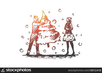 Man, woman, Christmas, tree, holiday concept. Hand drawn family couple and Christmas tree concept sketch. Isolated vector illustration.. Man, woman, Christmas, tree, holiday concept. Hand drawn isolated vector.