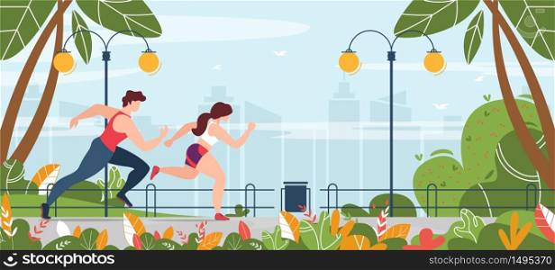 Man Woman Couple Engaged in Fitness Running in City Park. Morning Jogging, Getting in Shape. Active and Healthy Lifestyle. Urban Landscape with Natural Backdrop, Bench, Lanterns. Vector Illustration. Man and Woman Engaged in Fitness Running in Park