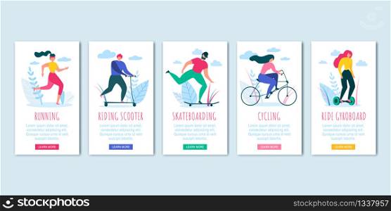 Man Woman Cycling, Skateboading, Running, Riding Scooter Gyroboard Banner Set Vector Illustration. Cartoon People Sport Activity. Workout Training. Healthy Lifestyle. Leisure Nature Outdoors. Man Woman Cycling Skateboading Run Ride Scooter