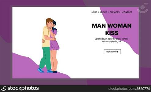 man woman kiss vector. couple young, sexy romantic, boyfriend hug man woman kiss web flat cartoon illustration. man woman kiss vector